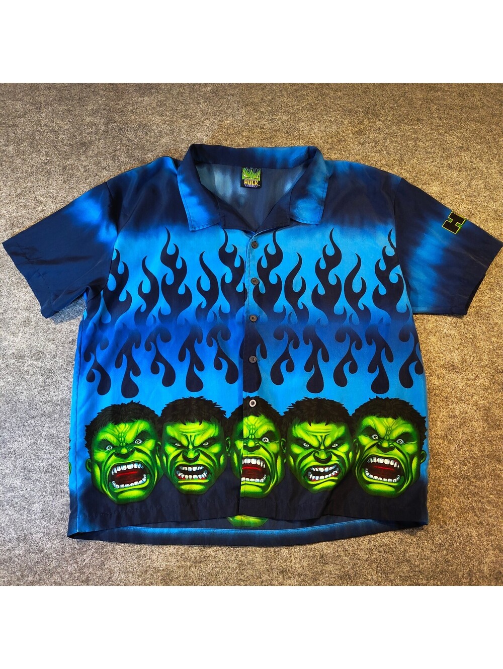 Vintage 2002 Marvel Incredible Hulk Blue Flame Button Up Shirt Size EL/EG